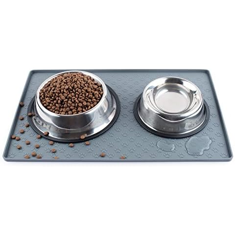 Coomazy Cat & Dog Feeding Mat, Sillicone Waterproof Pet Bowl Placement Tray to Stop Food Spills and Water Messes Out to Floor (M: 18.9x11.8in, Grey) Cover