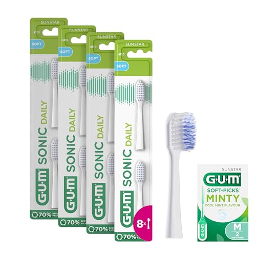GUM Sonic Daily - Cabezales de repuesto para cepillo de dientes sónico GUM Sonic Daily/cerdas suaves y microfinas para una limpieza suave y profunda cada día / 4 x 2 unidades (Blanco) +1 muestra extra
