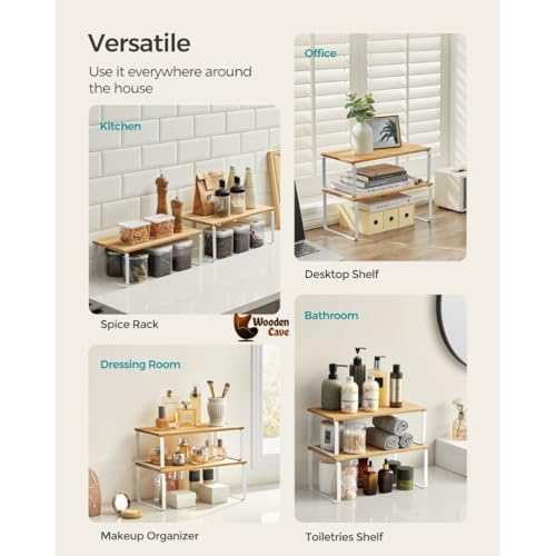 Image of Expandable Kitchen Organizer, Bamboo Finish Spice Rack with Metal Frame, Space-Saving Countertop Cabinet Shelf, Multipurpose Storage Solution (Double Rack (Large + Small))