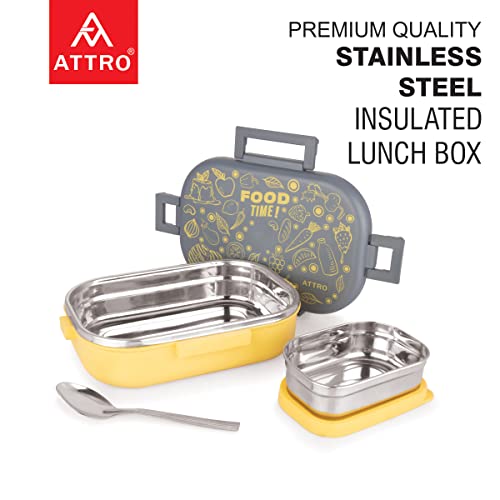Image of Attro Food Time Stainless Steel Lunch Box, Airtight & Leak Proof - 2 Containers with Spoon (Big 750 Ml & Small 250 Ml) for Office Use, School, Picnic - Grey & Yellow