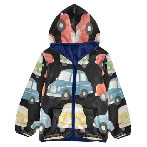 Colorful Cars on Black Background Toddler Fleece Jacket Girl Boys Hooded Fleece Jacket Coat Warm Outwear Zip-up 3-10T
