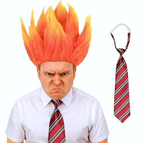 morvally Adults Fire Flame Costume Wig with Tie Short Orange Yellow Ombre Wig for Men Women Cosplay Halloween Party(Adults)