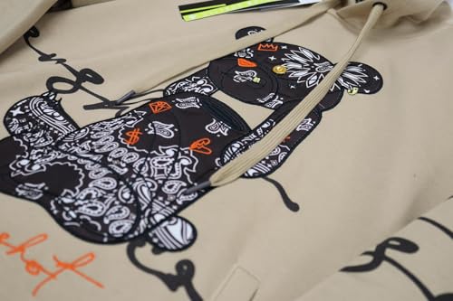 SCREENSHOT-H1122 Mens Urban Hip Hop Premium Fleece Hoodie - Head Lifting Paisley Cartoon Teddy Bear Fashion Hooded Sweatshirt-Light/Khaki-2XLarge