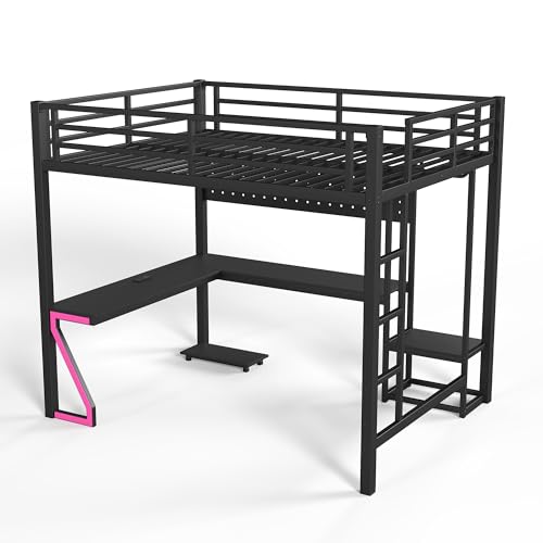 Image of Bellemave Queen Size Loft Bed with Desk and USB Ports, Computer Tray, Peg Board LED, Metal Full Loft Bed Frame for Adults, Kids, Teens, Black
