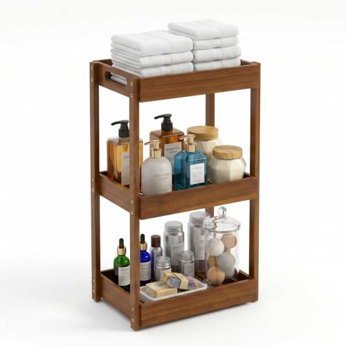 BEEFURNI Acacia Shower Caddy Wood, 3 Tier Shower Organizer Wood, Freestanding Corner Standing Shower Caddy, Waterproof Wooden Shower Shelf Standing, Shower Floor Shelf for Inside Shower, Bathroom