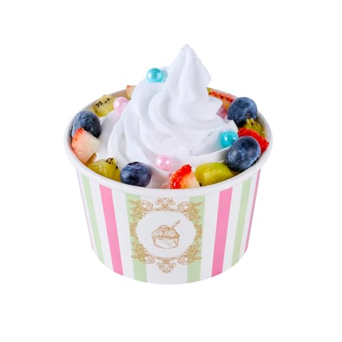 Image of Coppetta 8 Ounce Dessert Cups, 50 Greaseproof Ice Cream Cups - Lids Sold Separately, For Hot And Cold Foods, Green And Pink Stripe Paper Yogurt Bowls, Disposable, Sturdy - Restaurantware