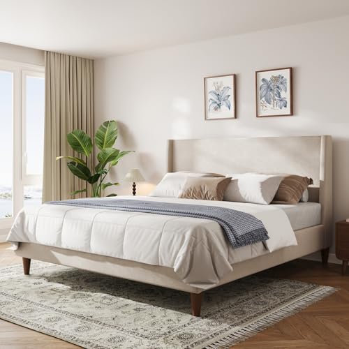 Image of Merax Solid Wood King Size Velvet Bed Frame with Wingback Headboard, Modern Upholstered Platform with Walnut Wooden Legs, Strong Wooden Slats, No Box Spring Needed, Beige