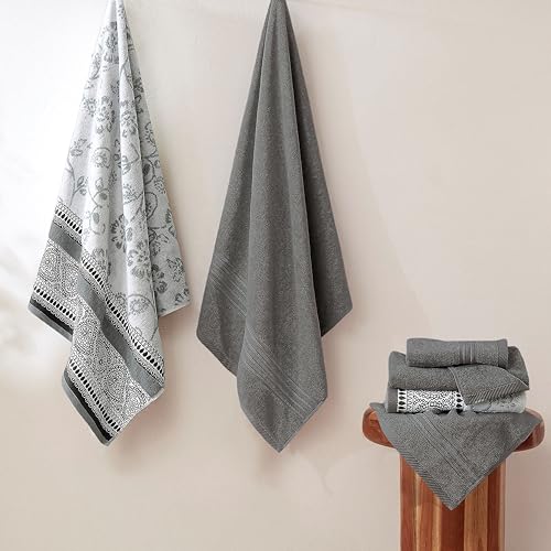 Image of Modern Threads 6 Piece Bath Towel Set - Bathroom Set with 2 Bath Towels, 2 Hand Towels, and 2 Wash Cloths - 100% Cotton, Super Absorbent & Extra Soft - Reversible Floral Trail (Gray)