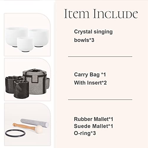 Set of 3 PCS 440HZ 6" A Note 8" F Note and 10" C Note Frosted Chakra Quartz Crystal Singing Bowl with Carry Case Bag for Sound Healing Meditation