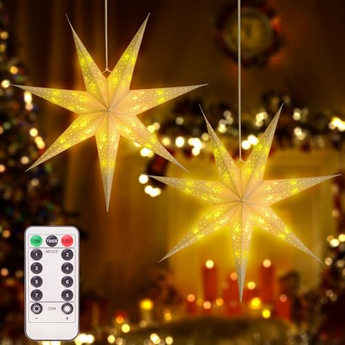 2 Pack 26.8 Inch Paper Star Lantern Christmas Decor with Timer, 3D 8 Modes Moravian Star, 7-Pointed Star Diwali Hanging Lights, Christmas Decorations Lamp Indoor for Birthday Wedding Party (White)