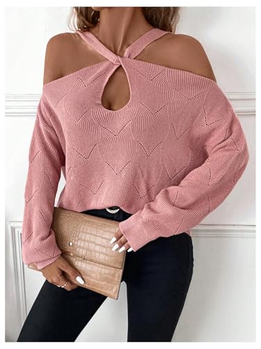 MakeMeChic Women's Casual Solid Criss Cross Twist Front Sweaters Cold Shoulder Rib Knitted Pullover Tops3