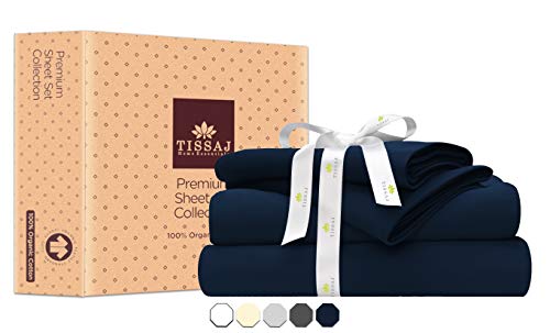 Tissaj Ensemble De Draps 100% Coton Biologique - Certifié Gots - 1 Drap Housse, 1 Drap Plat Et Taies d'oreiller|Bleu|Célibataire Cover
