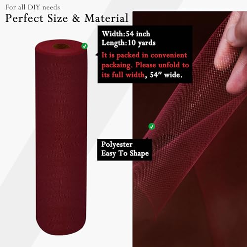 Image of Burgundy Tulle Fabric Rolls 54 Inch by 10 Yards Fabric Tulle Bolt for Wedding Christmas Decorations Gift Wrapping DIY Tutu Baby Shower Table Skirt Birthday Party Craft Supplies