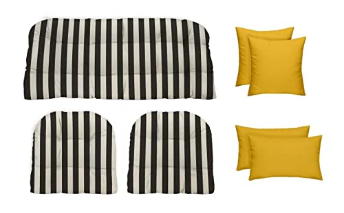 RSH Décor Indoor Outdoor 7 Piece Tufted Wicker Cushion Set + Pillows, (Standard, Black & White Stripe + Yellow)