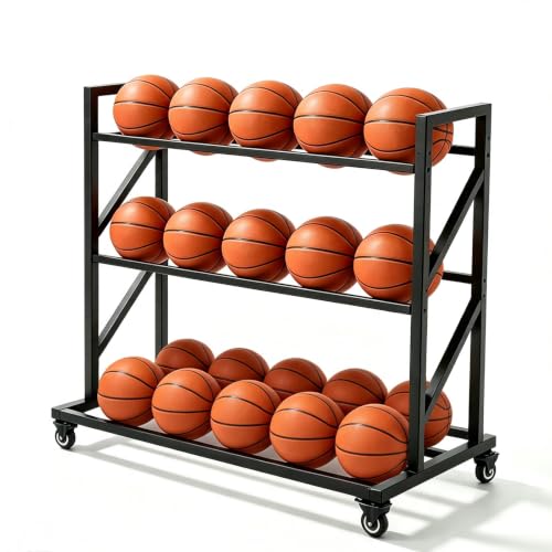 Basketball Rack for Balls, 3-Tier 20-Ball Rolling Heavy Duty Ball Cart with Wheels, Basketball Storage for Gym Garage, Drop Pin for Shooters Preference