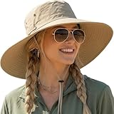 Sun Hat for Women UK Summer, Wide Brim 12cm Foldable Sun Hat with UV Protection, Breathable Mesh Bucket & Cowboy 2-Way Style, Quick-Dry Outdoor Hiking Beach Safari Hat (Khaki)