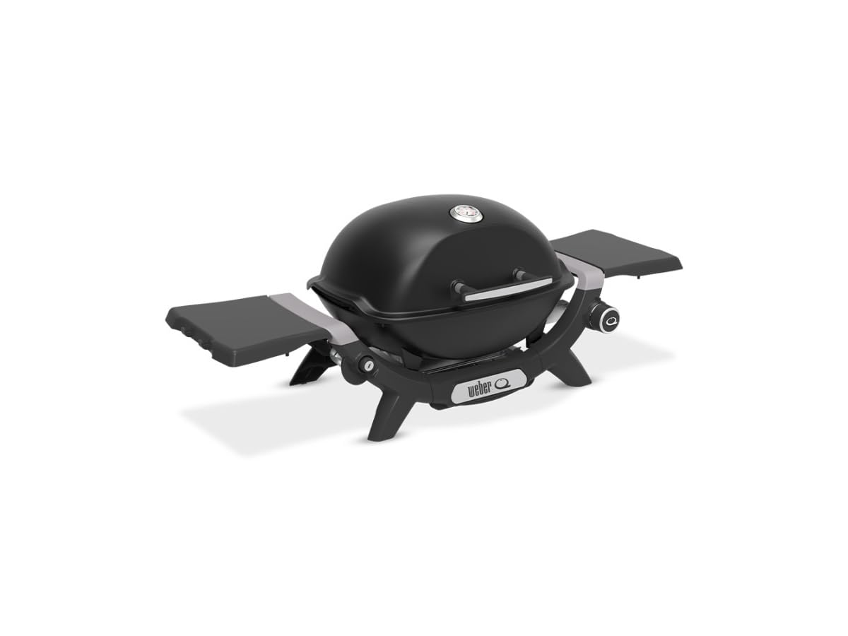 Weber Q 1200N grill gazowy z półkami bocznymi/lekki grill na kemping, taras i balkony, z wysokowydajnym palnikiem, emaliowanym żeliwnym rusztem i elektronicznym zapłonem, północ czarny