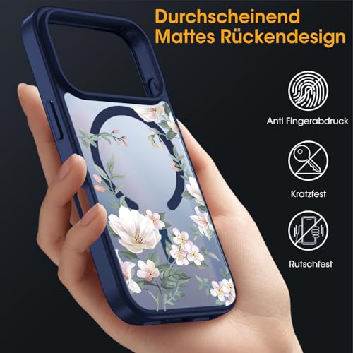 Image of VONZEE Back Cover Case Compatible with iPhone 17 Pro Max, Luxury Retro Flowers Floral Clear for Magnetic Wireless Charging Case Shockproof PC+TPU Cute Glossy Shiny Cover for Girls|6.9''|Navy Blue