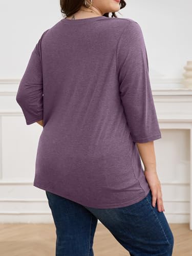 ZDC Women's Plus Size Tops 3/4 Sleeve V Neck T Shirts Button Down Basic Tunic2