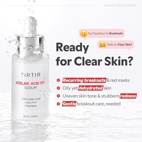 Image of TIRTIR Azelaic Acid 12% Serum for Blemish-Prone Skin - Lightweight Hydrating Formula with Zinc PCA & Hyal-ZIP, Non-Comedogenic, Fragrance-Free, 30ml / 1.01 Fl Oz