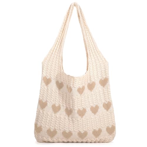 WHIPPY Crochet Tote Bag for Women Cute Crochet Mesh Beach Tote Summer Vacation Aesthetic Boho Knit Bag for Women Shoulder, Beige/Khaki heart