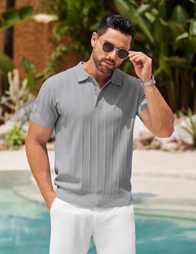 Image of COOFANDY Mens Knit Polo Shirts Short Sleeve Ribbed Textured Polo Shirt Lightweight Casual Golf Shirts Collared T Shirt