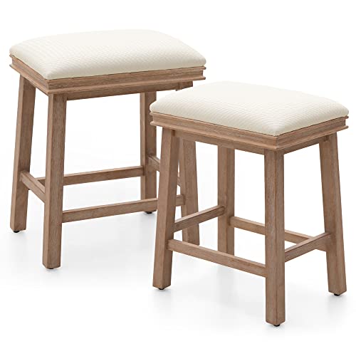 Alpha Home 24" Bar Stools Set Of 2, Solid Wood Kitchen Stools With Beige Pu Leather Cushion Counter Height Bar Stools For Indoor, Beige Seat And Wooden Legs, 2Pcs #TOP7