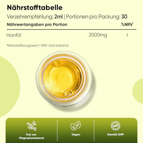 Hanföl Tropfen 60ml - 2000mg reines Hanfsamenöl - Veganes Hanfsamen Öl kaltgepresst - Hemp Oil - Glutenfrei - Von WeightWorld