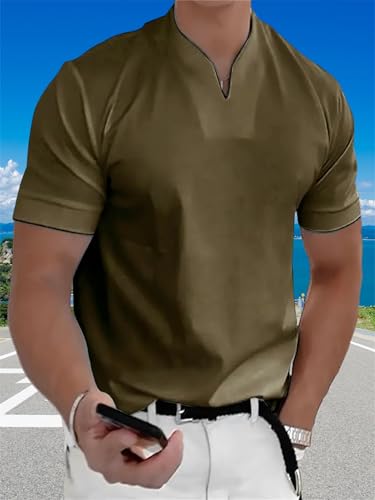Lininco Mens Shirts, Mens Business Slim V-Neck Longline Henley Shirt Gym Athletic Tee, Stylish T-Shirt3