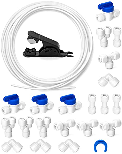 QWORK® 10m 6.35mm(1/4') Kit de tubos de suministro de agua,(combo tipo Y + T + I + L + válvula de cierre) con cortador de manguera, adecuado para la mayoría de los congeladores