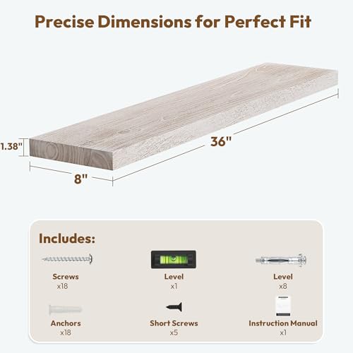 Image of Vivelove Elm Wood Floating Shelf 36x8 inch Set of 2, Weathered White