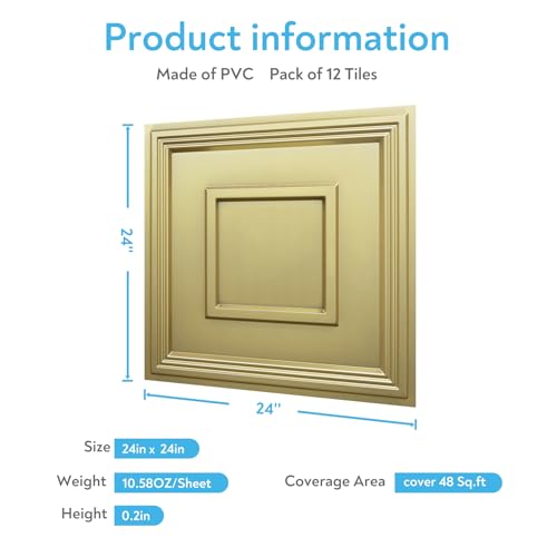 STICKGOO Glue Up Ceiling Tiles, 24x24 Inch PVC Decorative Drop Ceiling Tile Champaign Gold 48 Sq. Ft, Pack of 12 Tiles