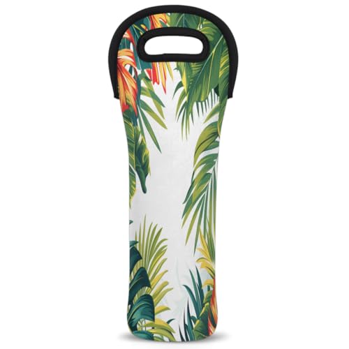 Tropical Plant Leaves Wine Carrier Tote Bag Neoprene Bottles Protector Bags for Drinks/Water/Beer Bottles Reusable Wine Bag for Travel Picnic Party Restaurant