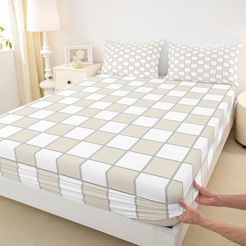 Image of Erosebridal Plaid Bed Sheets Full Beige White Checkerboard Sheet Set Geometric Checkered Bedding Set for Kids Boys Girls,Aesthetic Grids Fitted Flat Sheets 4 Piece