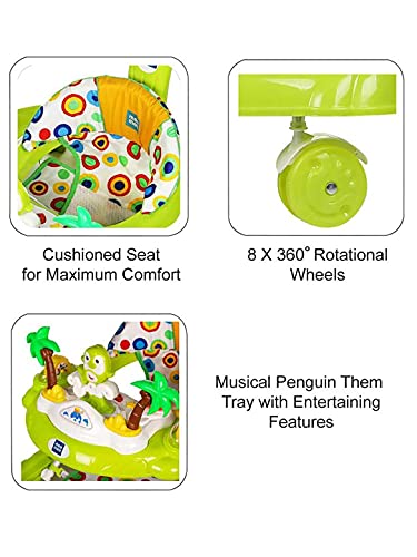 Image of Mee Mee 360 Baby Activity Walker | 3 Level Adjustable Height, Foot Mat, Musical Detachable Toy Bar | Parental Push Handle, Anti-Rollover Folding Walker for Boys, Girls, Kids | 6-18 Months 15kg-Green