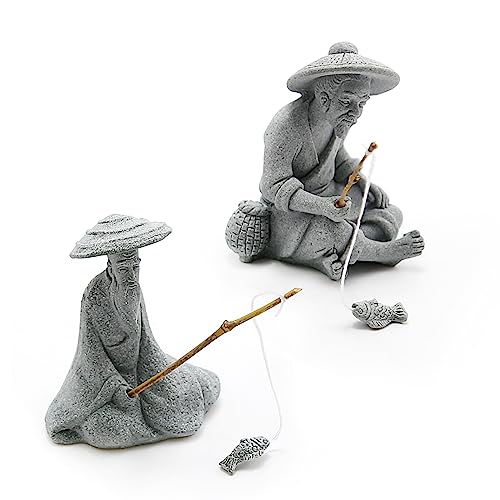 2PCS Sitting Fishing Figurines Sandstone Vintage Ornament Japanese Decor for Fish Tank Pot Garden Home Aquarium Mini Fisherman Statue Asian Zen Decoration - Image 4