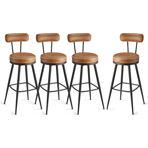 VASAGLE EKHO Collection - Bar Stools Set of 4, Swivel Bar Height Bar Stools with Back, Synthetic Leather with Stitching, Mid-Century Modern, 30-Inch T