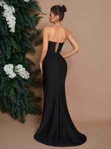Women's Cocktail Dresses Elegant Black Strapless Slit Mermaid Evening Dresses for Wedding Guest3