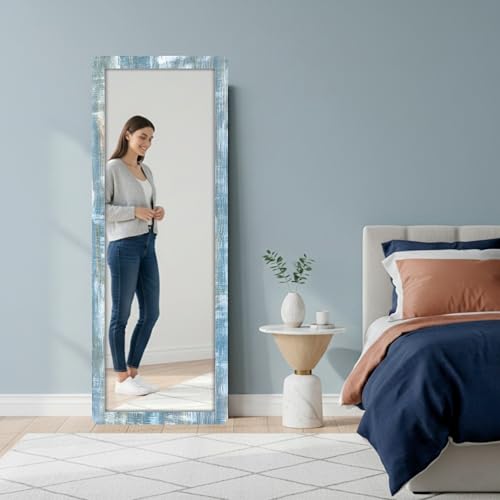 Image of Creative Arts n Frames 15x51 inch Ocena Blue Color Long MDF Wood Wall Hanging Mount HD Mirror Home Decor Items Living Room Bathroom Bedroom Hotel Office (Rustic Blue Color Framed HD Mirror)