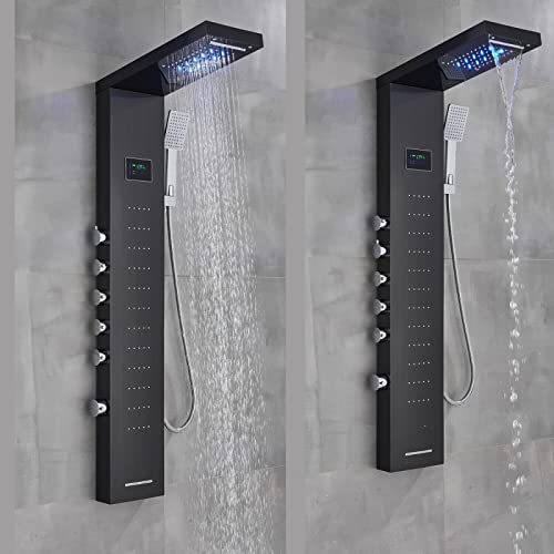 Panel de ducha LED con torre de masaje y jets corporales, sistema de lluvia y cascada en acero inoxidable negro con ducha de mano miniatura 2