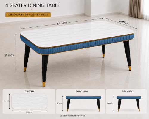 Image of WOODEN SPACE Majestic 4 Seater Wooden Dining Table Set | Urban Marble Top Dining Table with Chairs for Dining Room & Kitchen (Modern Classic Printed Blue) (54 x 36 x 30 inch)