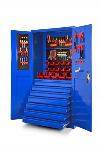 Jan Nowak Werkzeugschrank TC007 Werkstattschrank Garagenschrank 7 Schubladen Perforierte Rückwand Flügeltüren Pulverbeschichtet Metall 185 cm x 92 cm x 50 cm (Blau)