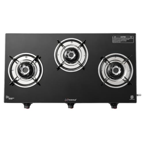Narale 3 Burner Gas Stove with Toughened Glass Top, Black | High Efficiency Brass Burners | Manual Ignition Kitchen Cooktop