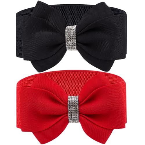 CRASPIRE 2 Colors Elastic Bow Belts Black Red Cloth Bowknot Stretch Sash Tie Elastic Chain Waist Belt Band Vintage with Synthetic Rhinestone for Women Ladies Wedding Trench Coat Overcoat Decorative