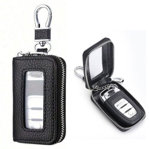 ZORVYN 1 pieza Funda de cuero para llavero de coche, porta llaves de bolsillo,con gancho de metal y llavero, ventana transparente, funda para llave de auto, bolsa con cremallera