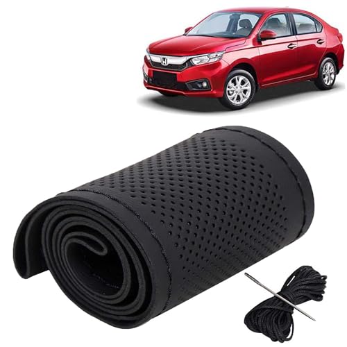 Image of KINGSWAY PU Leatherite Car Steering Cover Sewable Compatible with Honda Amaze (Year 2018-2020), Black Color with Black Thread, Pack of 1 with Sewing Needle and Thread