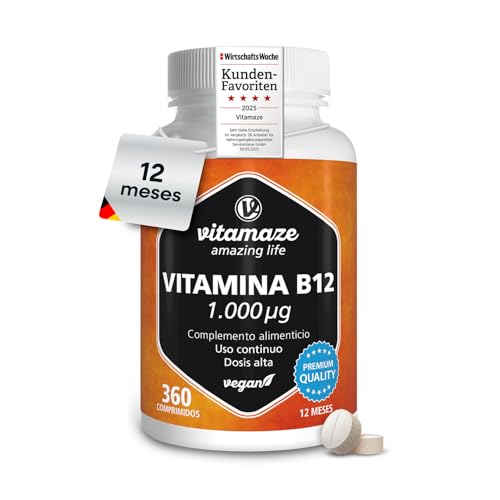 Vitamina B12 1000mcg Sublingual de Alta Absorción - Reduce el Cansacio y Apoya el Sistema Inmunológico - 360 Comprimidos Veganos de Metilcobalamina Pura de B12 sin Aditivos - Calidad Alemana.Vitamaze®