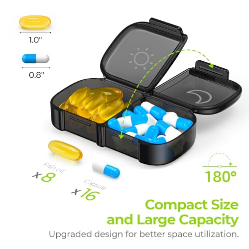 auvon xl weekly pill organizer 2 times a day pill box 7 day with one-side large openings for easy to use black privacy protection am pm pill case for medication vitamins fish oils supplements