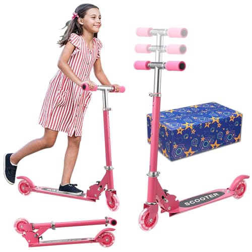 Scooters for Kids 3-5, Kick Scooter Foldable, 2 Wheel Scooter with Fun Light Up Wheels, 24-28 Adjustable Handlebar, Heavy Duty Steel Frame, Outdoor Smooth Riding, Max 90 lb, Girl Birthday Gift