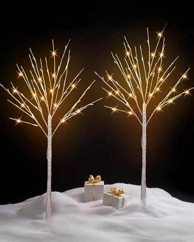 TW SHINE 2 Pack Lighted Birch Tree, 4 FT Total 96 LED Pre-lit Artificial Christmas Trees for Thanksgiving Christmas Decorations Indoor Outdoor Home Festival Wedding Party, Warm White